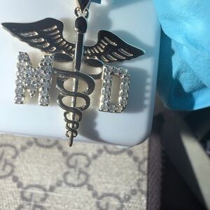 Gold MD Caduceus Pendant with Crystals